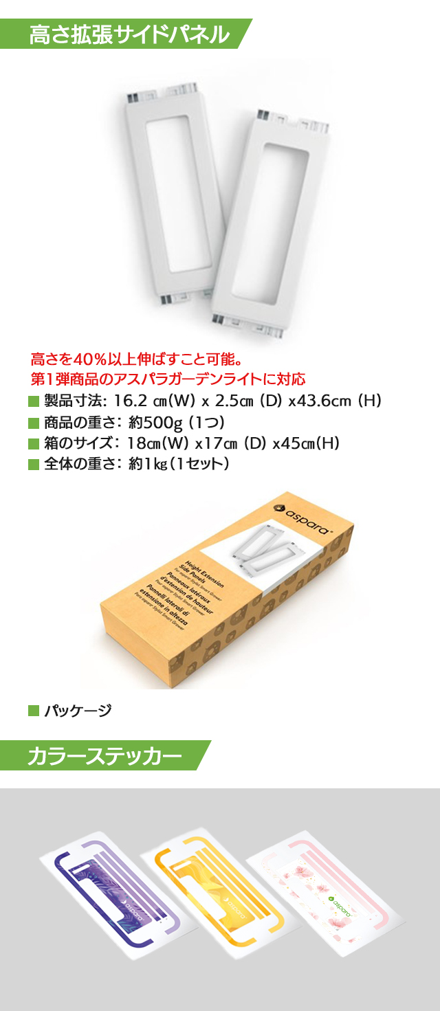 サイドパネルとカラーバリエーションを紹介する商品画像