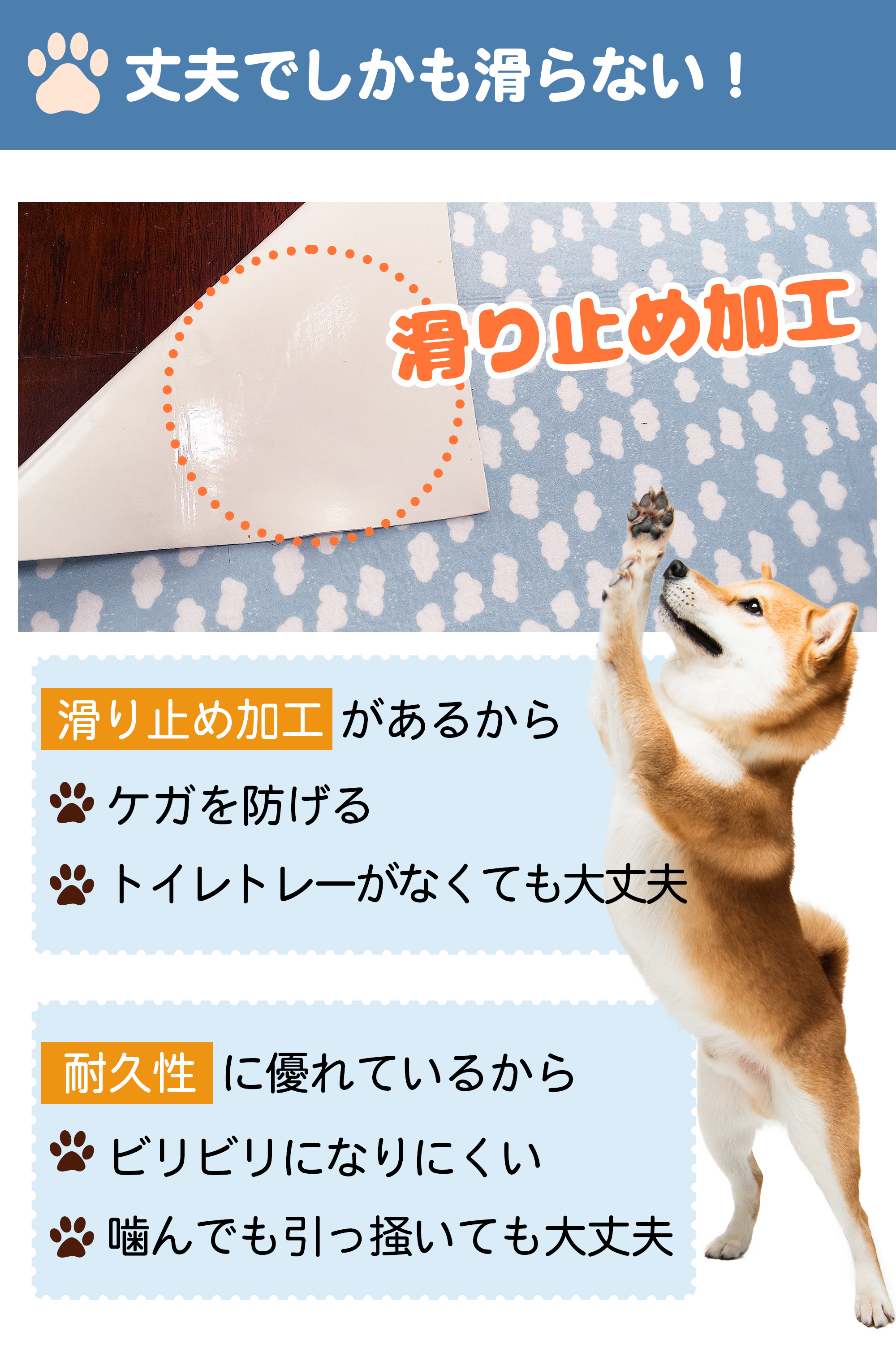 滑り止め加工と撥水性を説明するペットシーツの画像